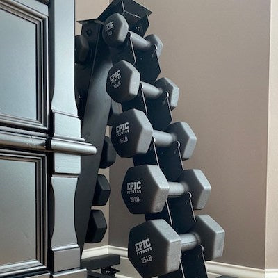 Bob Customer Review of Neoprene Dumbbell Set with Dumbbell Rack as storage in home gym for home workouts home weight lifting. 