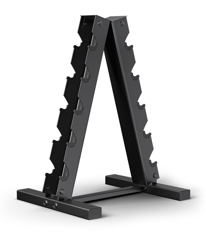 The A-frame design of this rack maximizes your floor space by storing dumbbells vertically. Our dumbbell rack has an efficient 23.6" x 19.7" footprint, but the widest base on the market for A-Frame Dumbbell Racks for the best stability